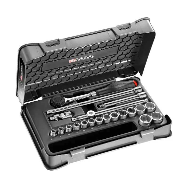 Facom 20-Piece 3/8 in Metric Socket Set Chrome Vanadium Steel Bright Chrome Finish J.360-3P6