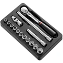 Facom 15-Piece 12.7 mm 6 Point Socket Set Drive Size 12.7 mm Chrome Vanadium Steel Finished Bright Chrome MOD.SL161-112U
