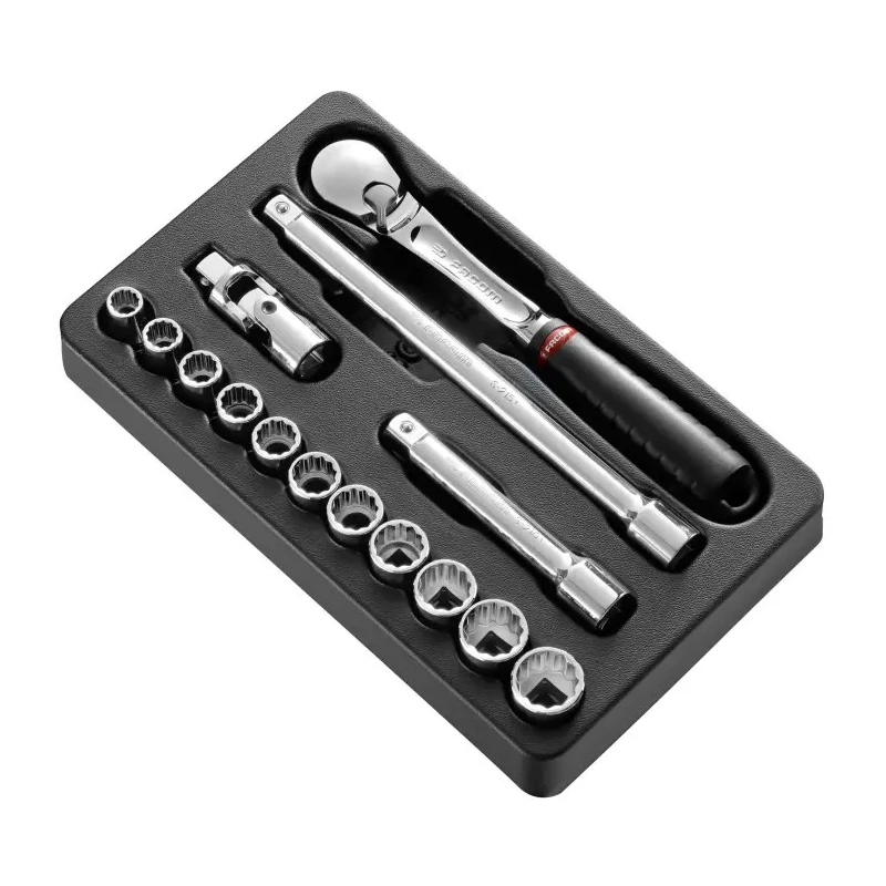 Facom 15-Piece 12.7 mm 6 Point Socket Set Drive Size 12.7 mm Chrome Vanadium Steel Finished Bright Chrome MOD.SL161-112U