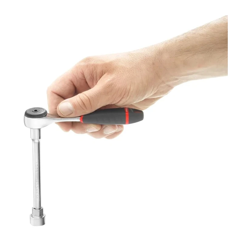 Facom 1/4 in Ratchet with Bi-Material Elastomer Handle, Satin Chrome Finish, 121.2mm Overall Length R.161B
