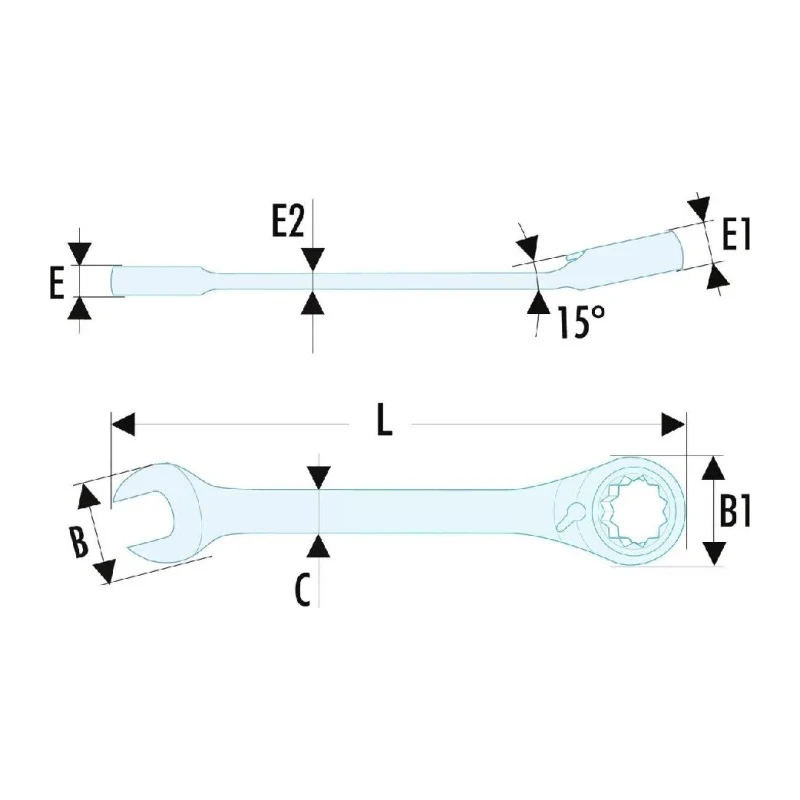 Facom Combination Ratchet Spanner Chrome Finish, Offset 15°, 119.5mm Length, 15 mm Size 467BS.15