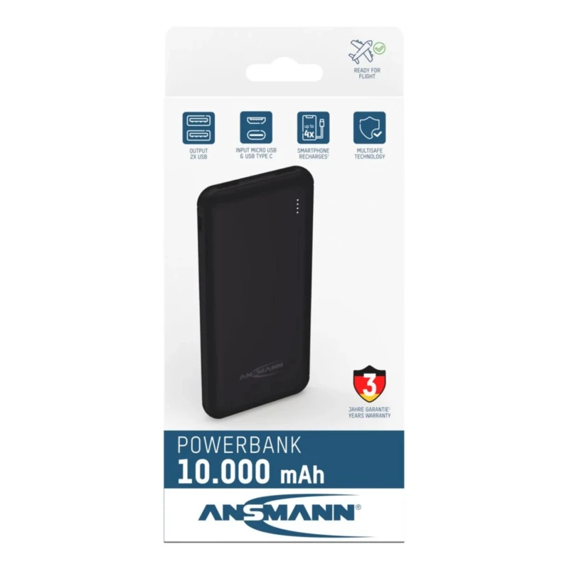 Ansmann Power Bank Portable Charger 10Ah Capacity 5V Output Voltage 2.1A Maximum Output Current PB212
