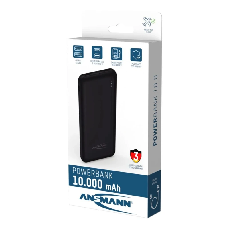 Ansmann Power Bank Portable Charger 10Ah Capacity 5V Output Voltage 2.1A Maximum Output Current PB212