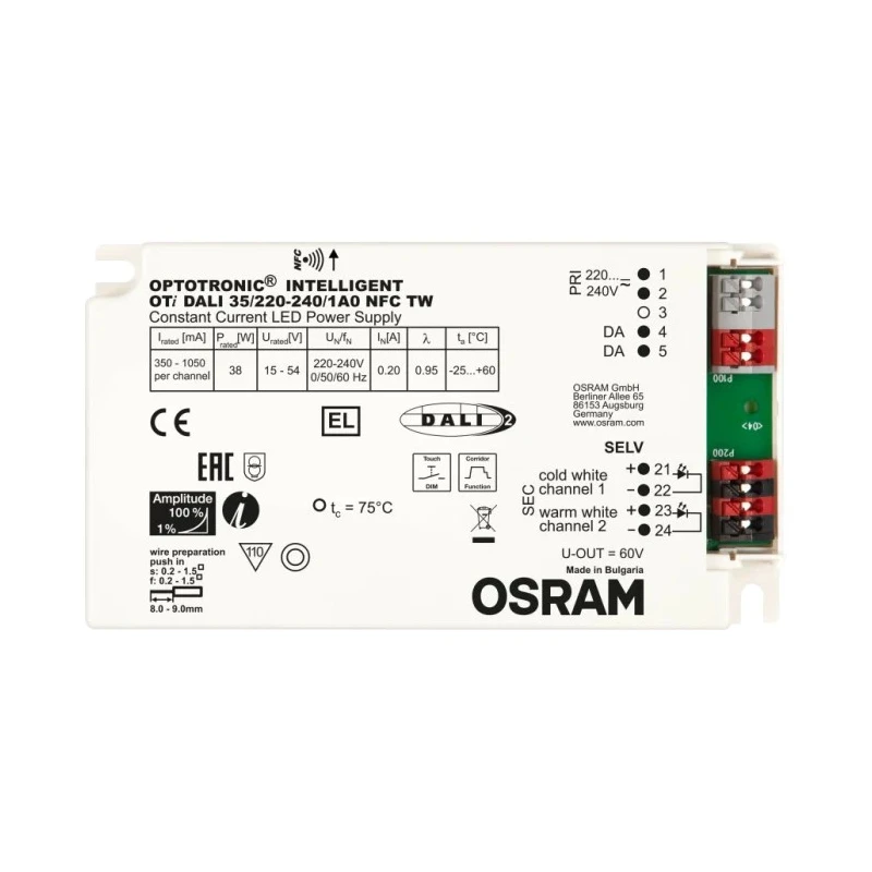 Osram IP20 5 Output Constant Current DALI LED Driver, 15V to 54V, 38W, 1050mA, AC-DC Power 