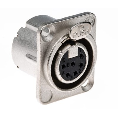 Neutrik Panel XLR Connector, Straight, 50V, Female, 6 Contacts, Silver over Nickel Plating NC6FD-LX