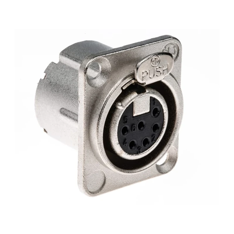 Neutrik Panel XLR Connector, Straight, 50V, Female, 6 Contacts, Silver over Nickel Plating NC6FD-LX