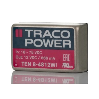 TRACOPOWER DC/DC Converter 12V DC, 666mA, 75V DC Input, 18V Input, 8W, Through Hole Mount TEN 8-4812WI