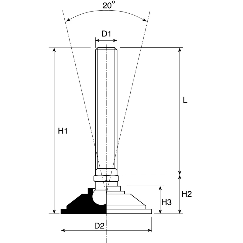 Nu-Tech Engineering Adjustable Foot M12 Thread Size, 55mm Diameter Base, 1500 kg Static Load Capacity, 10° Tilt A080/005