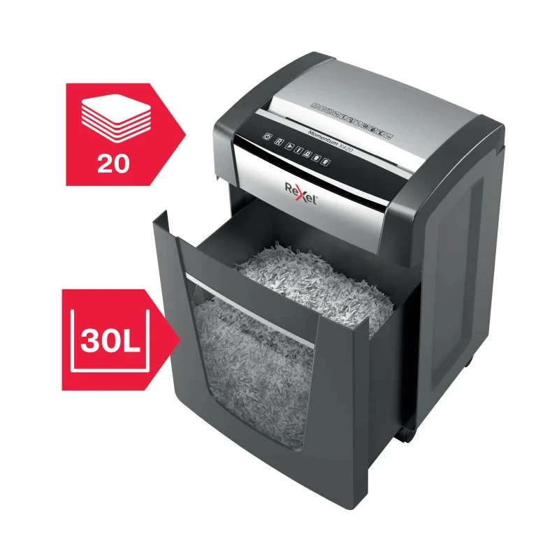 Rexel Momentum X420 Paper Shredder 30 L Bin Capacity 20 Sheet 4x40 mm P4 Cross Cut 230 mm Throat Width 406x594x320 2104578EU