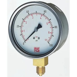 RS PRO 100 mm 3/8 in G BSPM Stainless Steel Pressure Gauge 100 psi Model 189-018