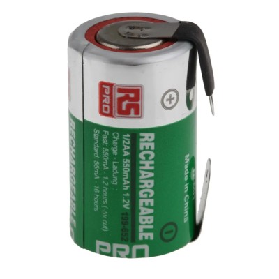 RS Pro 1.2 V NiMH 14.3 mm Tagged Rechargeable Battery 550 mAh 199-652