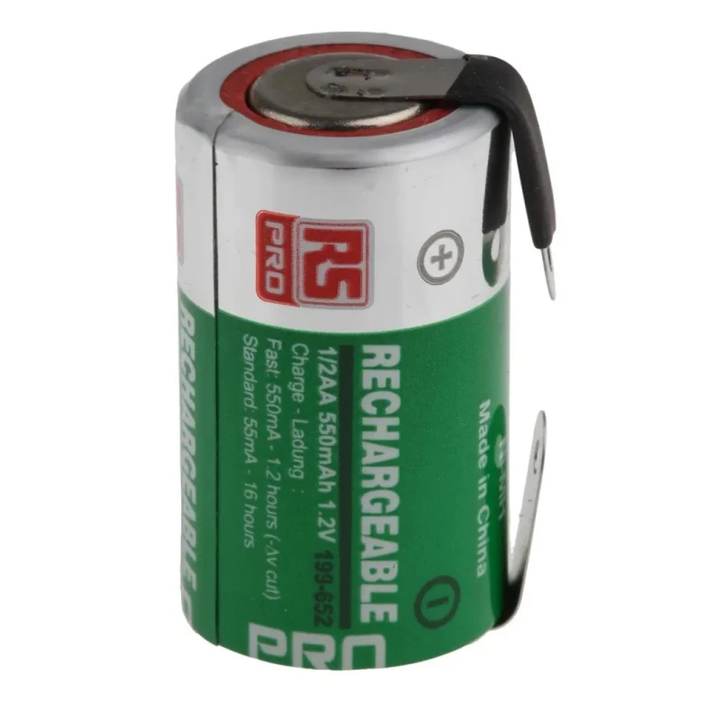 RS Pro 1.2 V NiMH 14.3 mm Tagged Rechargeable Battery 550 mAh 199-652