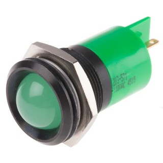 RS PRO Green Panel Mount Indicator 110V AC 6mA Solder Tab Termination IP67 Prominent Bezel 203-571