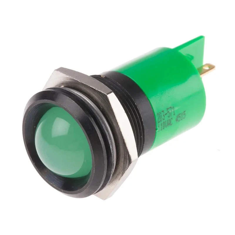 RS PRO Green Panel Mount Indicator 110V AC 6mA Solder Tab Termination IP67 Prominent Bezel 203-571