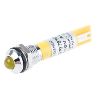 RS PRO Yellow Panel Mount Indicator 110V AC 6mA Solder Tab Termination Prominent Bezel 203-802