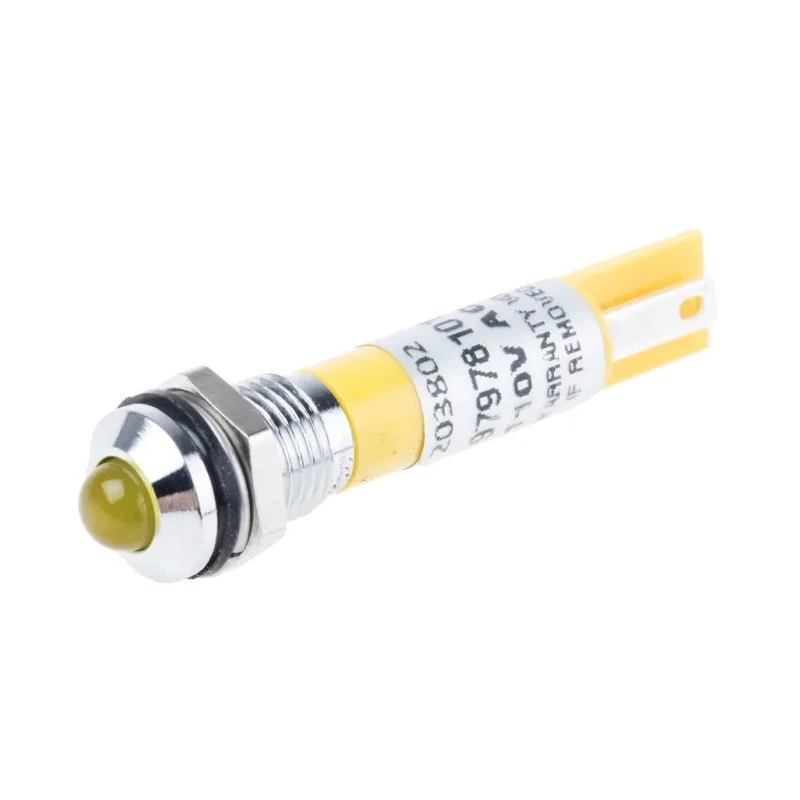 RS PRO Yellow Panel Mount Indicator 110V AC 6mA Solder Tab Termination Prominent Bezel 203-802