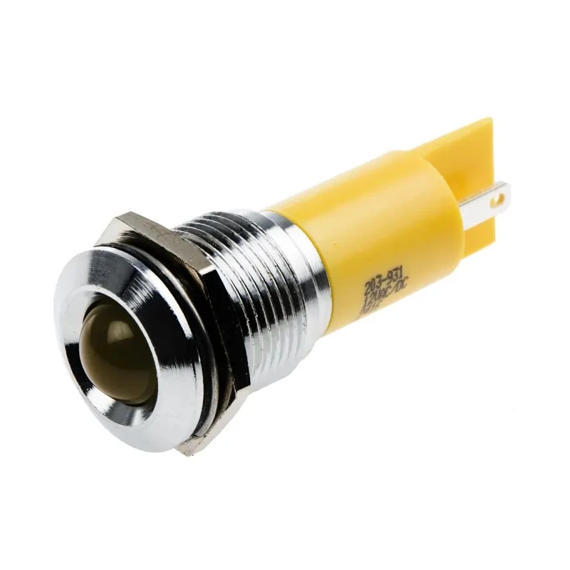 RS PRO Yellow Panel Mount Indicator Silver Bezel, 12 V AC/DC, 20mA, Solder Tab Termination, Prominent Bezel 203-931