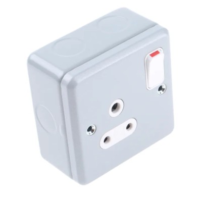 MK Electric 5A Grey 1 Gang Plug Socket Metalclad Plus Surface Mounted Shuttered K2871 ALM