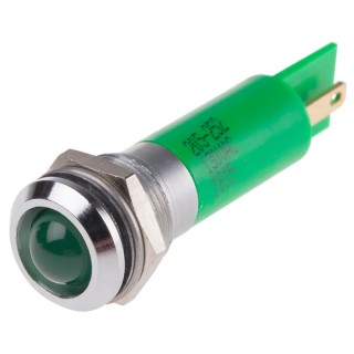 RS PRO Green Panel Mount Indicator 130V AC 6mA IP67 Silver Bezel Prominent 205-252
