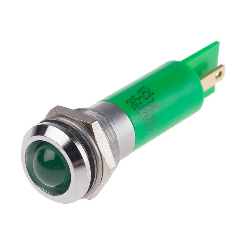 RS PRO Green Panel Mount Indicator 130V AC 6mA IP67 Silver Bezel Prominent 205-252
