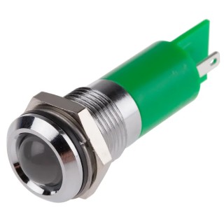 RS PRO Green Panel Mount Indicator 12 V AC DC 20mA Solder Tab IP67 Silver Bezel 205-303