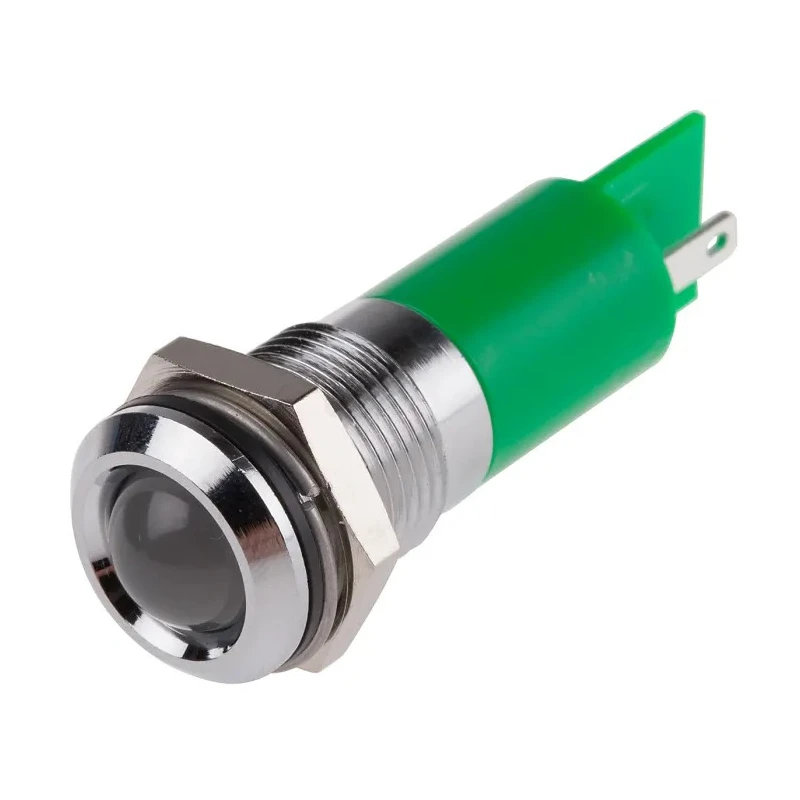 RS PRO Green Panel Mount Indicator 12 V AC DC 20mA Solder Tab IP67 Silver Bezel 205-303