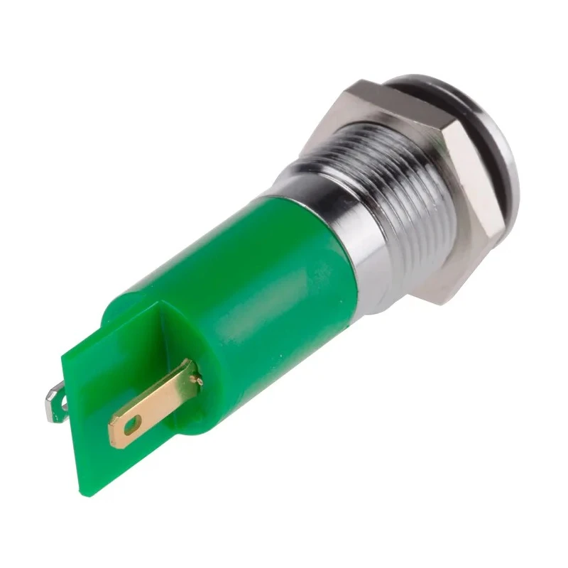 RS PRO Green Panel Mount Indicator 12 V AC DC 20mA Solder Tab IP67 Silver Bezel 205-303