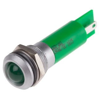 RS PRO Green Panel Mount Indicator, 24 V ac, 24V dc, 20mA, Solder Tab Termination, IP67, Prominent Bezel 205-381