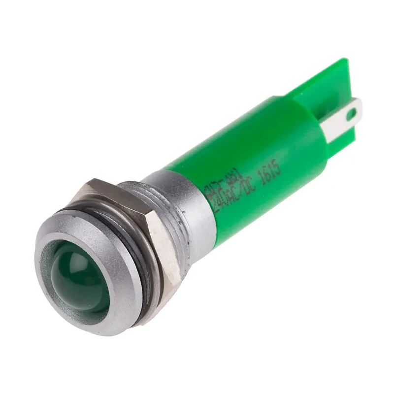 RS PRO Green Panel Mount Indicator, 24 V ac, 24V dc, 20mA, Solder Tab Termination, IP67, Prominent Bezel 205-381