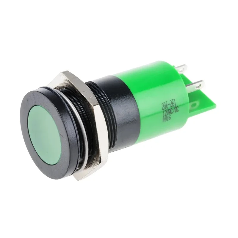 RS PRO Green Panel Mount Indicator 12 V AC/DC 20mA Solder Tab Termination Flush Bezel 206-261