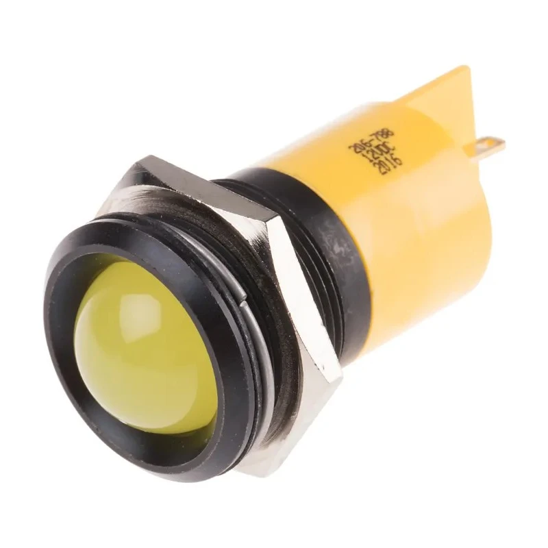 RS PRO Yellow Panel Mount Indicator 12V DC 20mA Solder Tab Termination Prominent Bezel 206-788