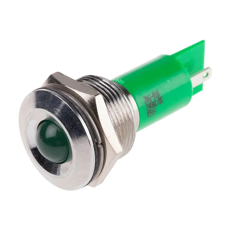 RS PRO Green Panel Mount Indicator 24V 20mA Solder Tab Termination IP67 Silver Bezel 206-918