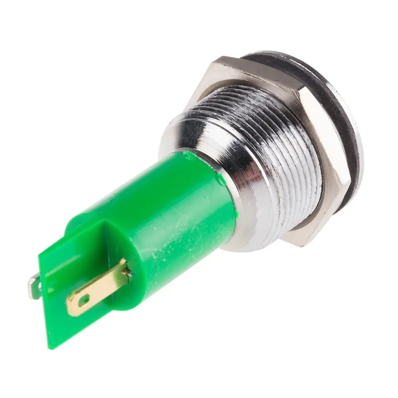RS PRO Green Panel Mount Indicator 24V 20mA Solder Tab Termination IP67 Silver Bezel 206-918