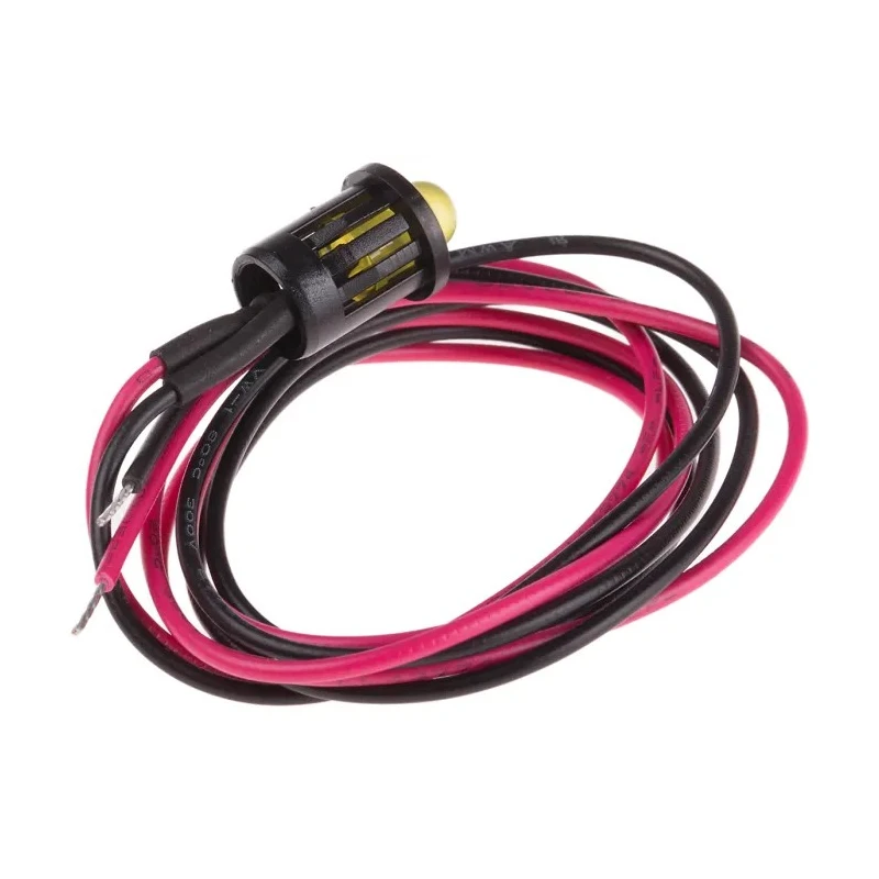 RS PRO Yellow Panel Mount Indicator 12V DC 20mA Lead Wire Termination Prominent Bezel Black 206-839
