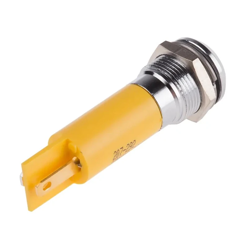 RS PRO Yellow Panel Mount Indicator 230V AC 3mA IP67 Silver Prominent Bezel 43.85mm Length 207-292