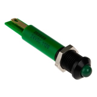 RS PRO Green Panel Mount Indicator LED, 24V DC, 20mA, Prominent Bezel, Solder Tab Termination 208-009