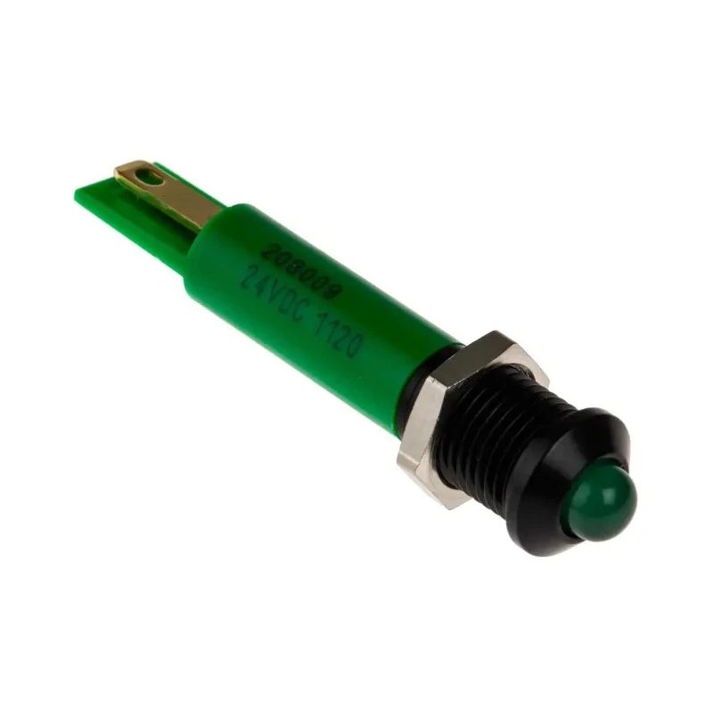 RS PRO Green Panel Mount Indicator LED, 24V DC, 20mA, Prominent Bezel, Solder Tab Termination 208-009