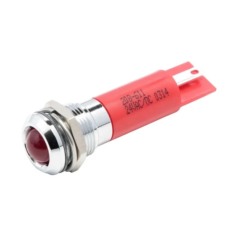 RS PRO Red Panel Mount Indicator 24 V AC/DC 20mA Solder Tab Termination IP67 Prominent Bezel 208-611