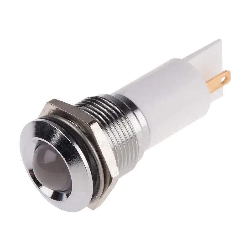 RS PRO White Panel Mount Indicator LED, 130V AC, 6mA, Solder Tab Termination, Prominent Chrome Bezel 208-986