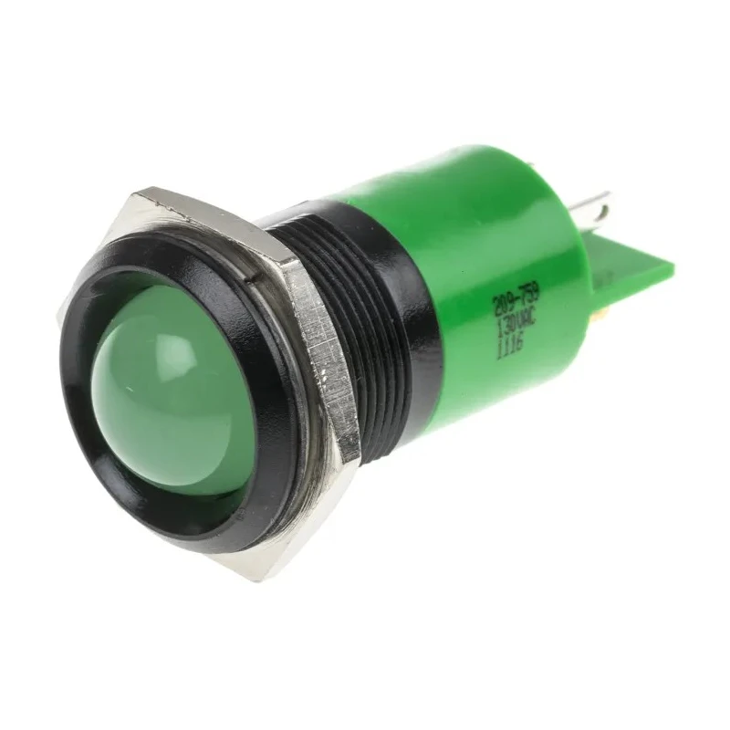 RS PRO Green Panel Mount Indicator 130V AC 6mA IP67 Prominent Bezel Black 64mm Length IP67