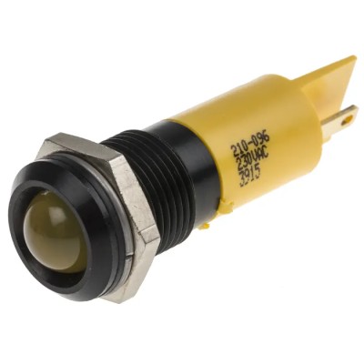 RS PRO Yellow Panel Mount Indicator Black Bezel IP67 Rated 230V AC 3mA 61mm Length 210-096