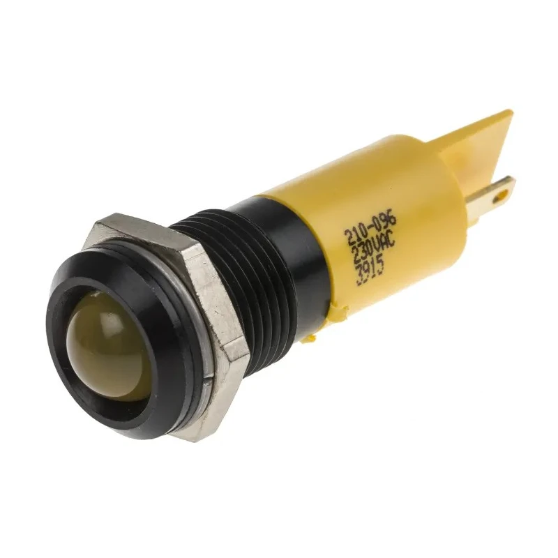 RS PRO Yellow Panel Mount Indicator Black Bezel IP67 Rated 230V AC 3mA 61mm Length 210-096