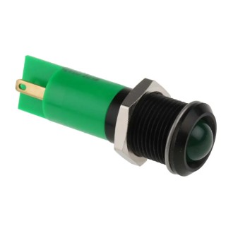 RS PRO Green Panel Mount Indicator 12V DC 20mA Solder Tab Termination Prominent Bezel 210-484