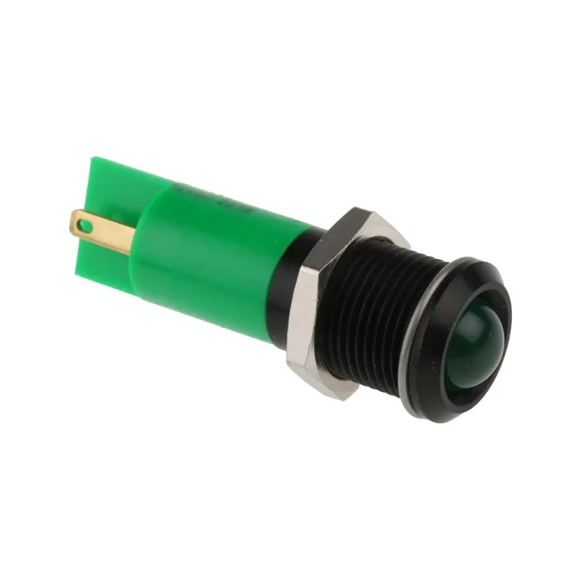 RS PRO Green Panel Mount Indicator 12V DC 20mA Solder Tab Termination Prominent Bezel 210-484
