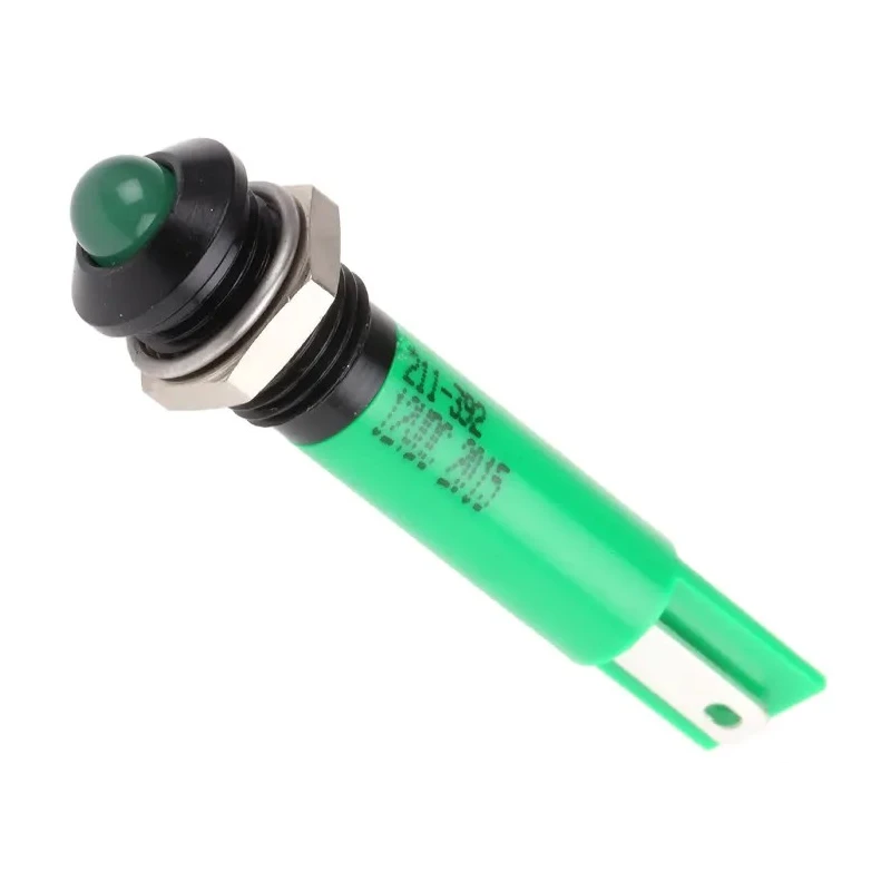 RS PRO Green Panel Mount Indicator 12V DC 20mA Solder Tab Termination Prominent Bezel 211-392