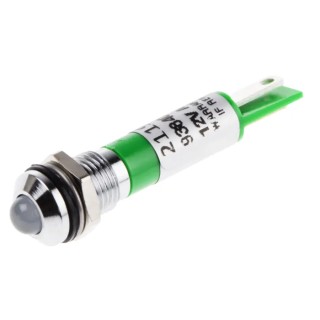 RS PRO Green Panel Mount Indicator 12V, 20mA, Solder Tab Termination, IP67, Prominent Bezel 211-910