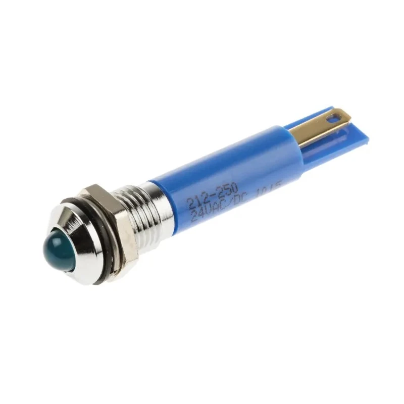 RS PRO Blue Panel Mount Indicator, 24V DC, 17mA, Solder Tab Termination, Silver Prominent Bezel, IP67 212-250