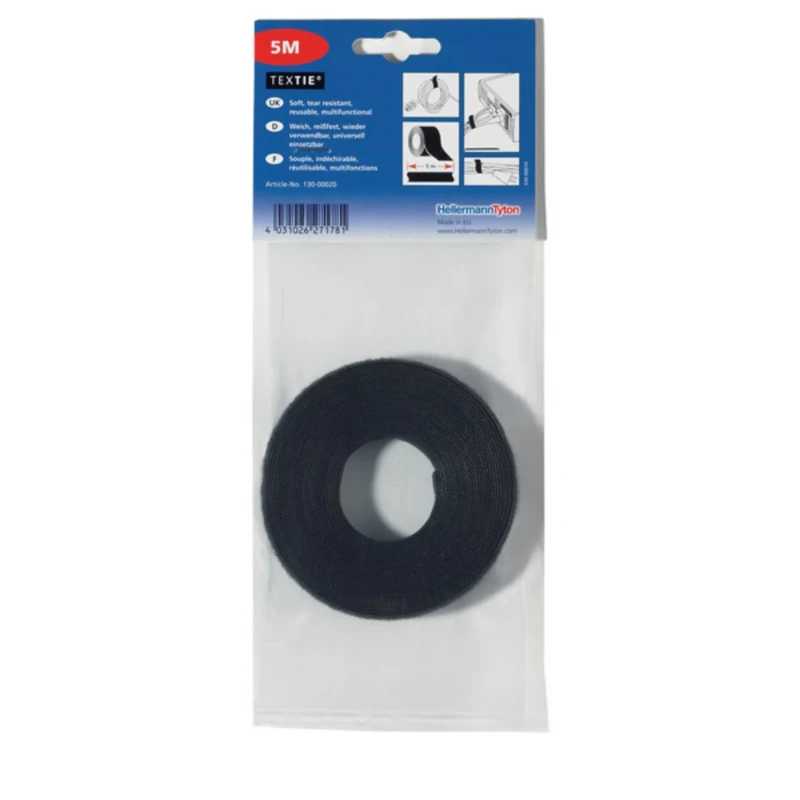 HellermannTyton Cable Tie Hook & Loop Black Polyamide Polypropylene 5 m Length 12.5 mm Width 130-00020 TEXTIE 5M-PA66/PP-BK