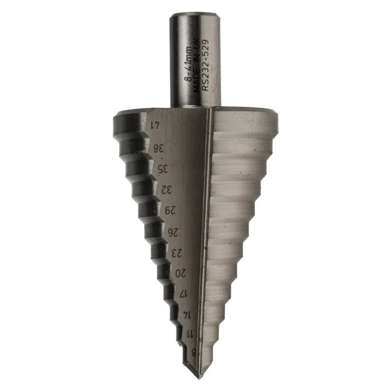 RS PRO HSS Step Drill Bit 8 to 41 mm Diameter Cone Shank Bright Finish 12 Steps 3 mm Max Thickness 232-529