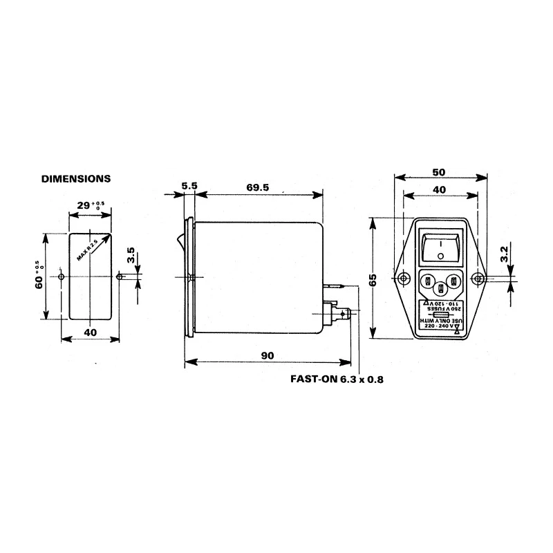 Schaffner FN393-1-05-11 250V AC 1A Panel Mount IEC Filter Male 2 Pole 1 Fuse Faston